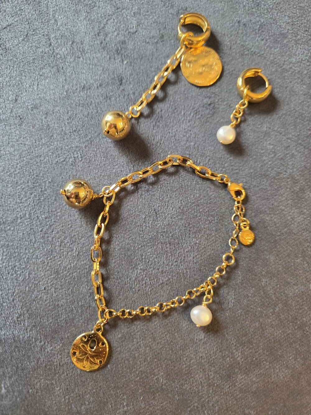 Mayamar 24k Dipped Bracelet And Earrings Set Paperclip Chains Pearls NEW